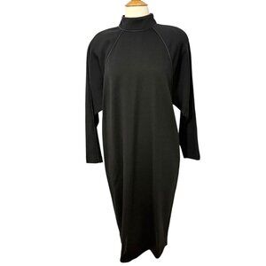 Caroline Rose Black Wool Dress Leather Trim Retro Shoulder Pads Pockets Size M